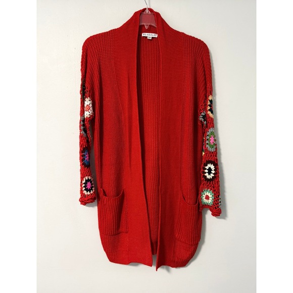 Blakeley Sweaters - Blakeley Red Crochet Granny Square Sleeve Open Front Cardigan Sweater OS Womens